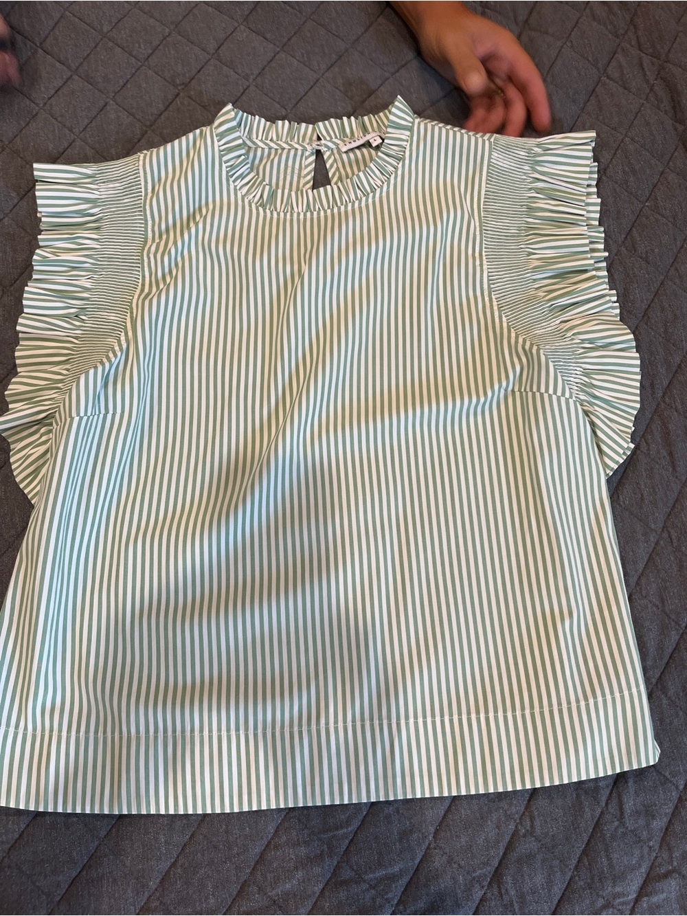 English Factory Ruffled Sleeve Green Stripe Short Sleeve Tee